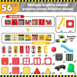 Magnetic Tiles for Kids, 56PCS Construction Magnet Tiles with Fire Truck Station, Building, Road, Crane, Car Truck - STEM Magnetic Blocks for Kids Ages 4-8, Toys for 4 5 Year Old Boys Birthday Gifts