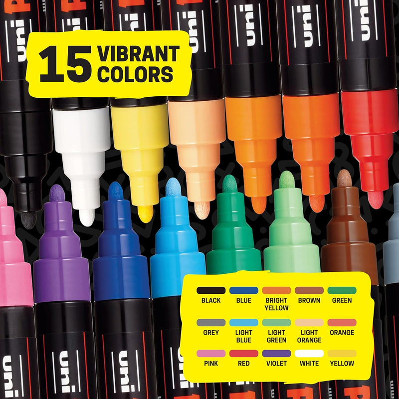Posca Paint Art Markers, Set of 15 5M Medium Acrylic Markers with Reversible Tips, Artist Recommended Paint Pens for Gifts, Decorations, Fabric, Metal, Windows, Wood and Canvas