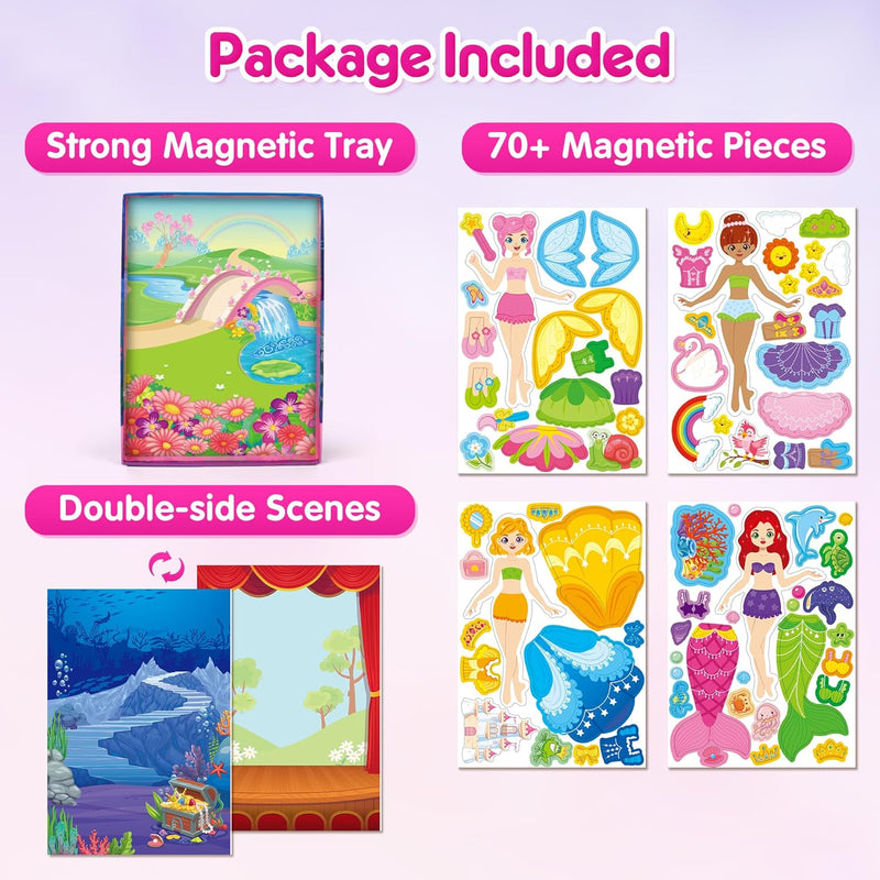 Mocoosy Magnetic Dress Up Dolls for Girls, Princess Mermaid Fairy Ballerina Magnet Doll Playset, Travel Game Airplane Car Road Trip Activity Essential Toy Birthday Gift for Toddler Girl Age 3 4 5 6 7