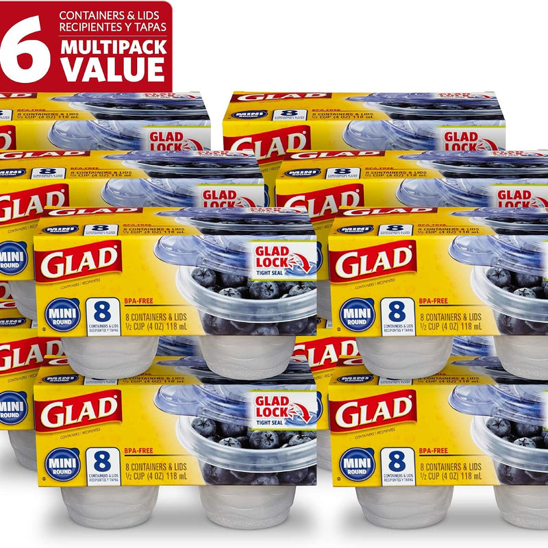 Glad GladWare Mini Round Food Storage Containers, 4 Oz, 8 Count | BPA-free, lock-tight seal for snacks, portion control, and on-the-go; reusable and stackable