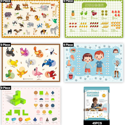 45 Pack Sticky Disposable Placemats for Baby & Toddlers,Toddler Placemat 12"x18" Kids Table Mat for Party, Picnic Table, Restaurants Dining Table Travel Essentials for Toddlers with 5 Designs
