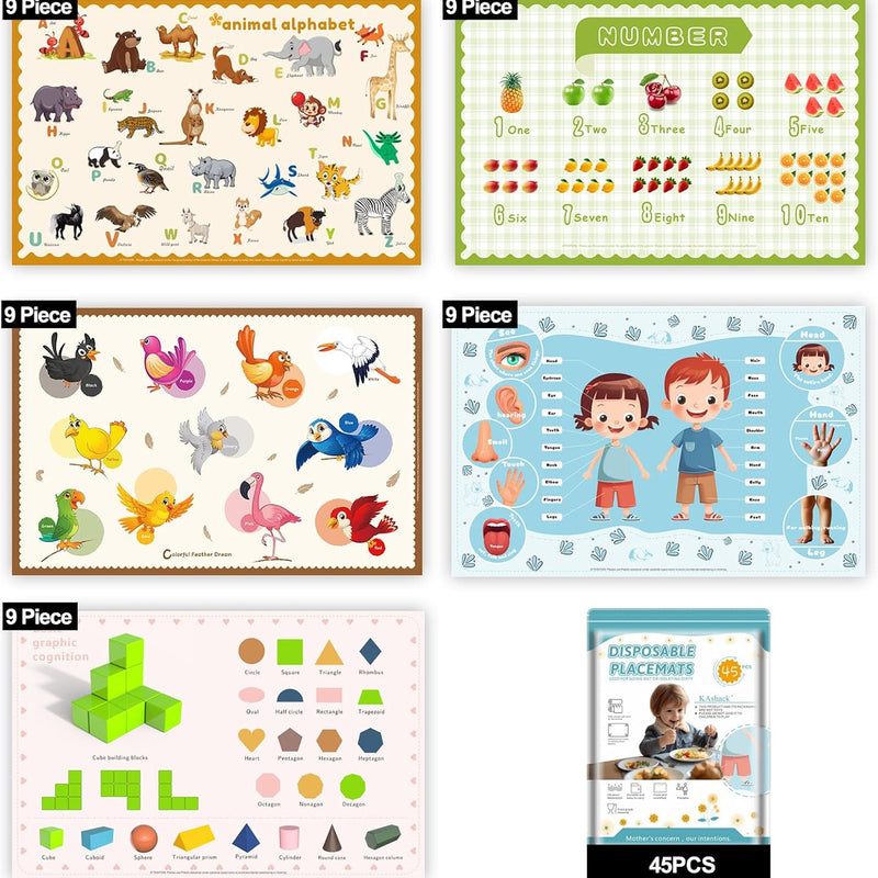 45 Pack Sticky Disposable Placemats for Baby & Toddlers,Toddler Placemat 12"x18" Kids Table Mat for Party, Picnic Table, Restaurants Dining Table Travel Essentials for Toddlers with 5 Designs