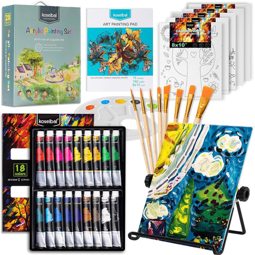 koseibal Acrylic Paint Set for Kids & Adults, Art Supplies Kit with Canvas | Acrylic Painting Supplies Kit Features 18 Vibrant Colors, 5 Canvas panels, 8 Art brushes, Drawing Pad