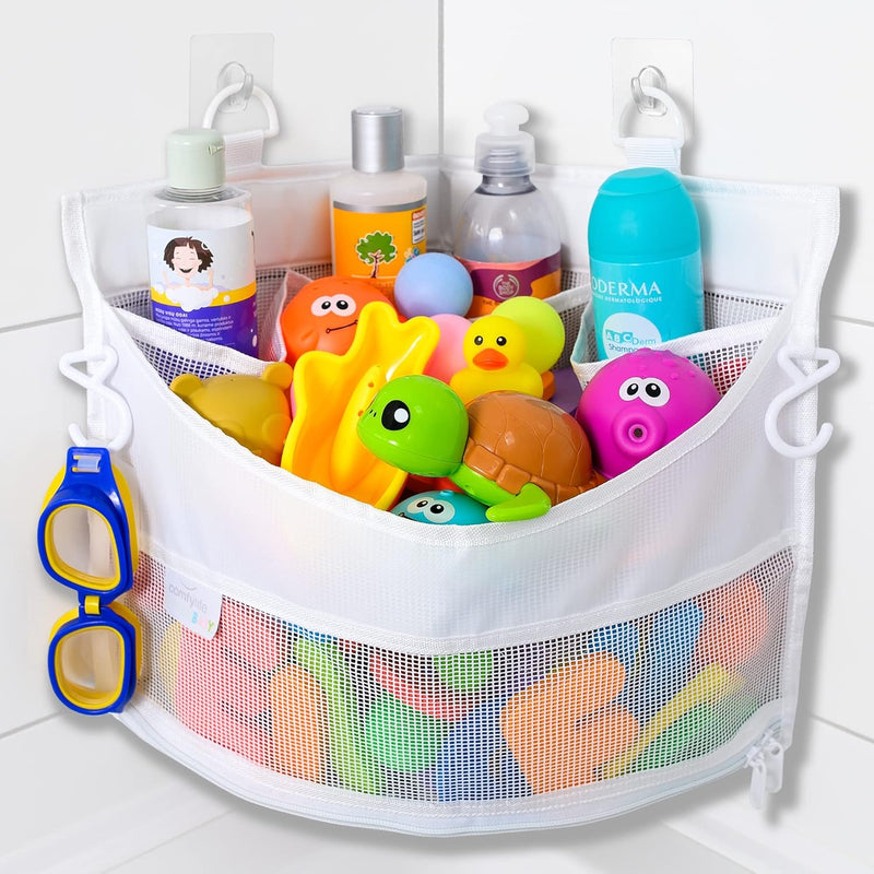 2 x Mesh Bath Toy Organizer + 8 Ultra Strong Hooks - Perfect Bathtub Toy Holder & Bathroom or Shower Caddy for Kids & Toddlers