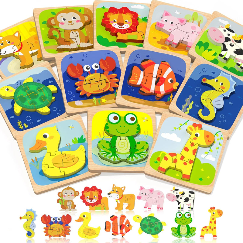 Benresive Wooden Toddler Puzzles, 6pcs Animal Montessori Toys for 1-3 Year Olds
