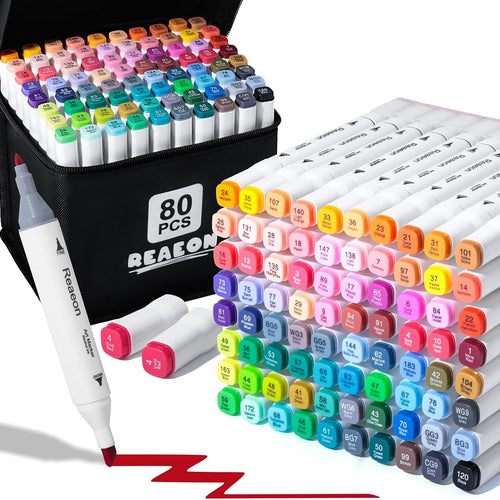 Reaeon Alcohol Art Markers, 80 Colors Fine & Chisel Dual Tip Marker Set, Permanent Art Markers for Adults Sketching Painting Drawing and Coloring(White Barrel)