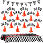 Bedwina Race Car Birthday Party Decorations - 36 Pcs, 12 Orange Mini Cones & 24 Black/White Checkered Flags