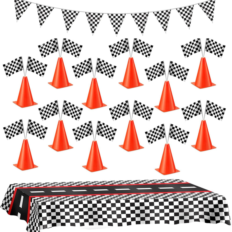 Bedwina Race Car Birthday Party Decorations - 36 Pcs, 12 Orange Mini Cones & 24 Black/White Checkered Flags