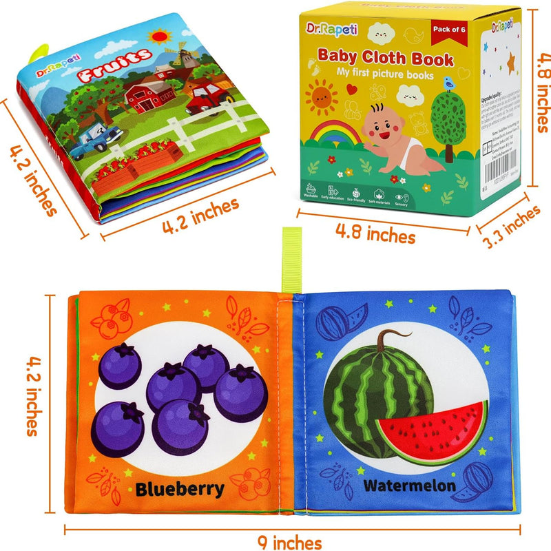 Dr.Rapeti 6-pack soft cloth baby books with crinkle squeaky washable non-toxic early educational themes for kids