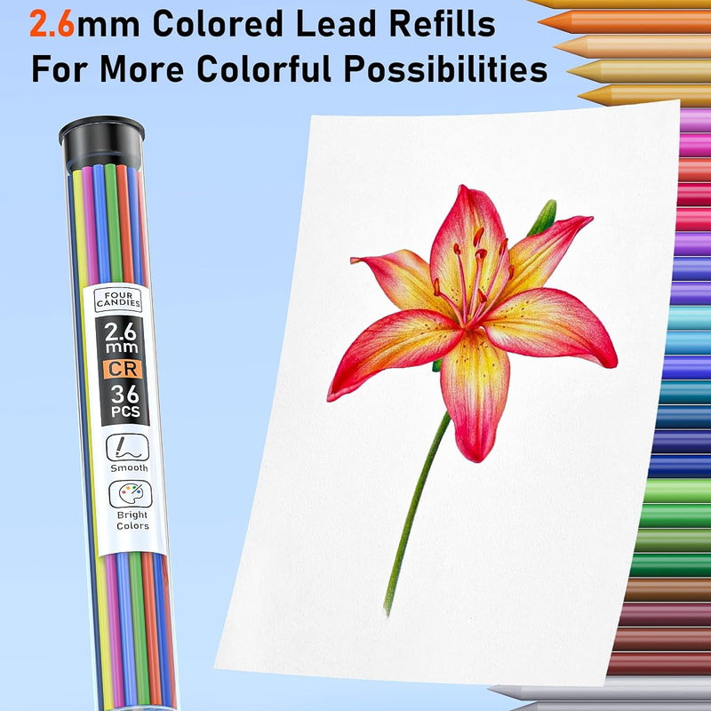 Four Candies Mechanical Colored Pencils, Erasable Mechanical Pencils with Sharpener and Bag, Aesthetic Drafting Tools Ideal for Both Beginners 2.6mm, 36PCS