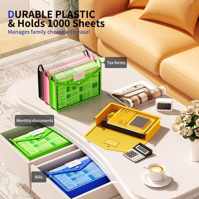 7 Pack Plastic Expanding File Folder, Transparent envelopes with Snap Closure, No Dividers, Large Capacity, Fit Legal/B4 Size for School, Office, Home, Hospital, 7 Colors