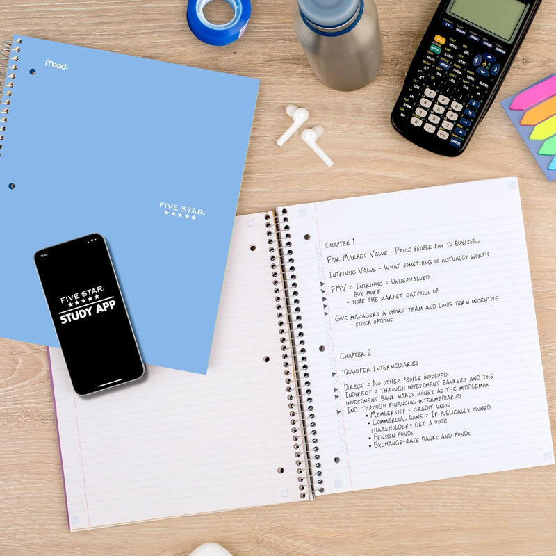 Five Star Spiral Notebook + Study App, 5 Subject, College Ruled Paper, 8-1/2" x 11", 200 Sheets, Fights Ink Bleed, Water Resistant Cover, Pacific Blue (73635)