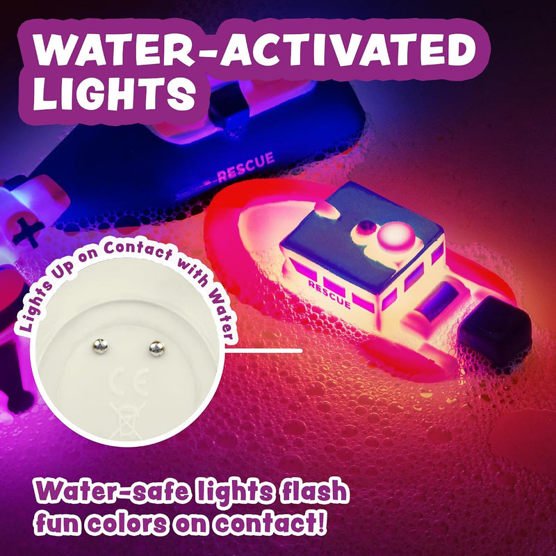 Tub Works® Ocean Rescue™ Vehicles Light Up Bath Toys, 6 Pack | Water-Activated Light Up Toys Flash & Change Color | Easy-Grip Baby & Toddler Bath Toys | Sensory Toys with Bath Lights for Kids Bath