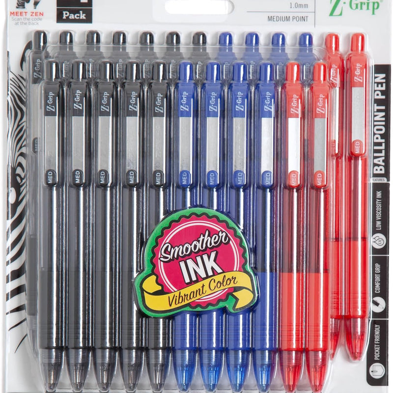 Zebra Pen Z-Grip Retractable Ballpoint Pen, Smooth-Flowing Black Ink, 1.0mm Medium Point, School & Office Supplies, Ideal for Note-Taking, Journal and Planner Use, 18-Pack (22218)