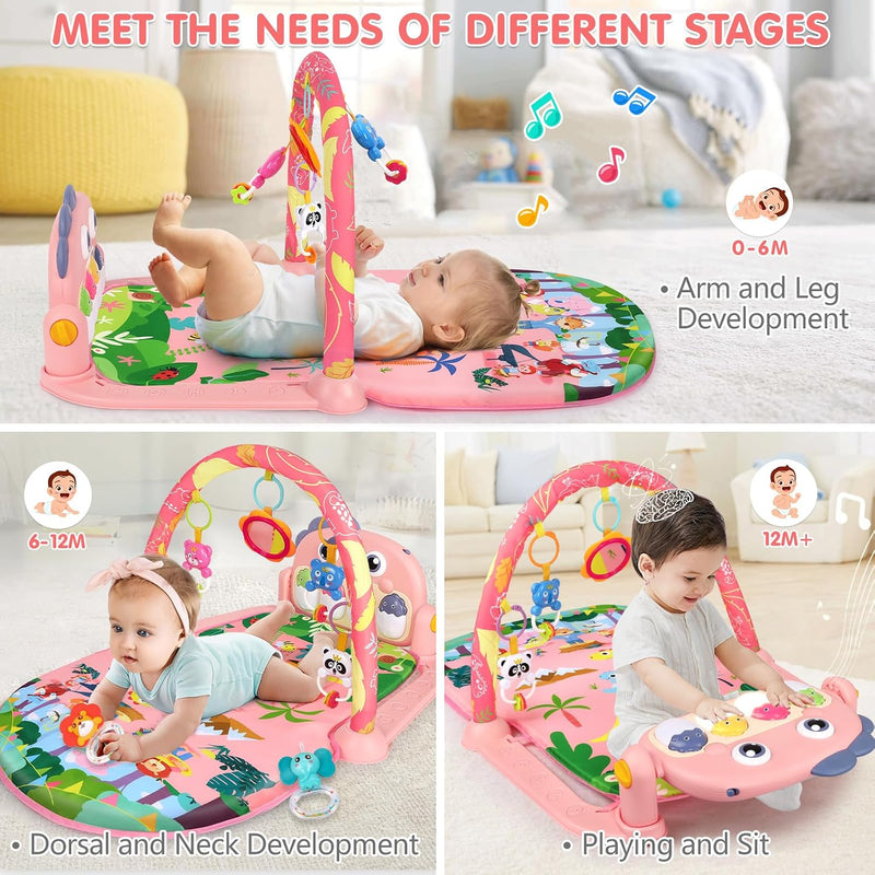 UMIKU Baby Play Mat Tummy Time Mat Gym Girl Activity Center, Pink Dinosaur | Play Mat For Babies Gifts Girl 0-6 6-12 Month, Music & Light Piano Play Gym Newborn Infant Gift, Baby Girl Newborn Essentials