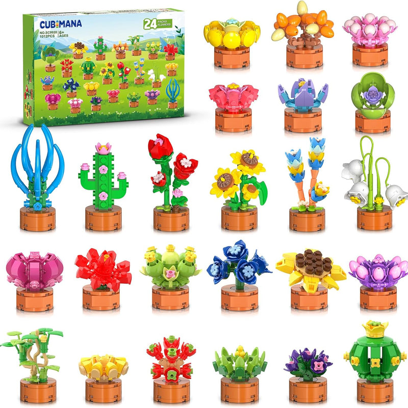 24 Pack Flowers Succulents Party Favors for Kids Building Set - 1012PCS Botanical Bonsai 3.6mm Mini Building Blocks Toy for Goodie Bags Stocking Stuffers Classroom Prize Birthday Gifts for Girl Boy 6+