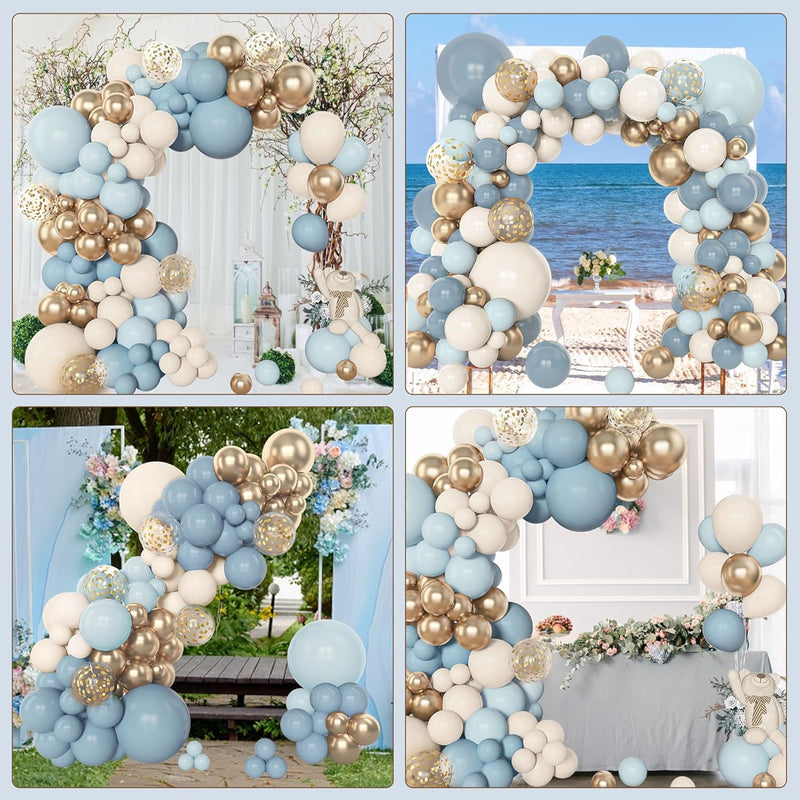 Amandir 153pcs Dusty Blue Balloon Garland Arch Kit Different Sizes Blue White Sand Latex Metallic Confetti Gold Balloons Baptism Birthday Boho Baby Shower