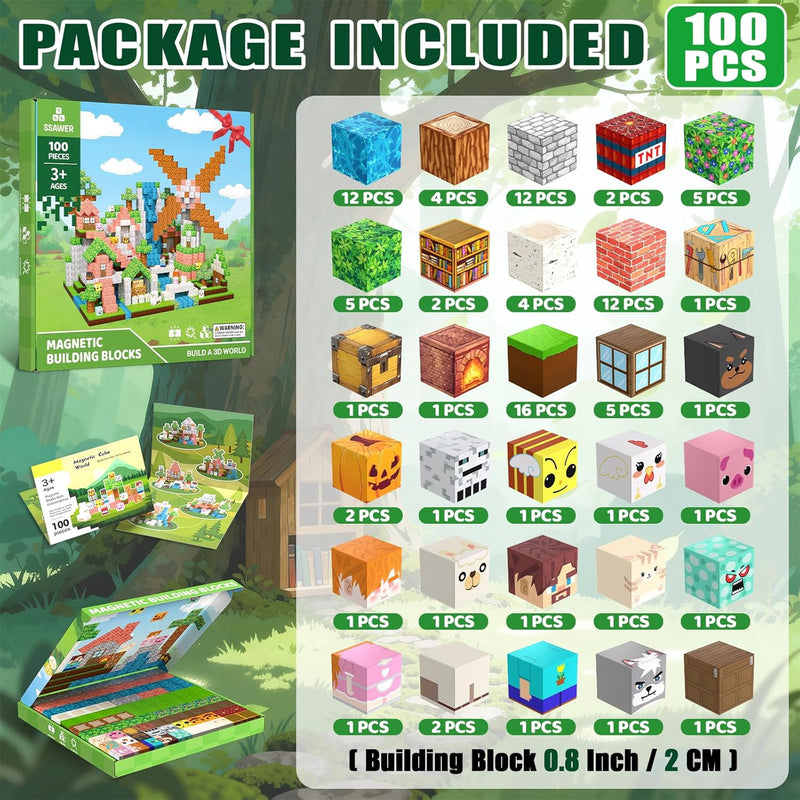 100PCS Magnetic Building Blocks - Sensory Toy for STEM Constructions, Ages 3+