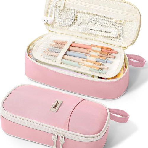 SUNEE Cute Pencil Case, Aesthetic Pen Pouch, Colored Large Pencil Bag with Zipper, Kawaii Stationery Storage and Organizer, School Supplies for Teen and Adult Girls, Pink