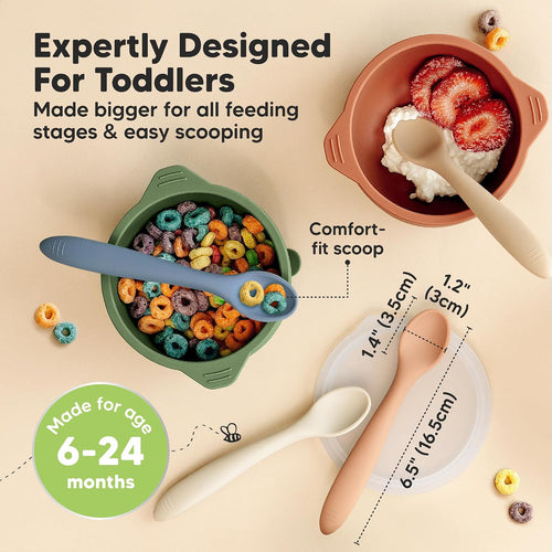 KeaBabies Silicone Baby Spoons Self Feeding 6-12 months, 3-Pack (Slate) | Large Scoop, Baby Led Weaning Utensils, First Food Training Spoon, Toddler, Kids Eating Essential, Dishwasher-safe, BPA-Free