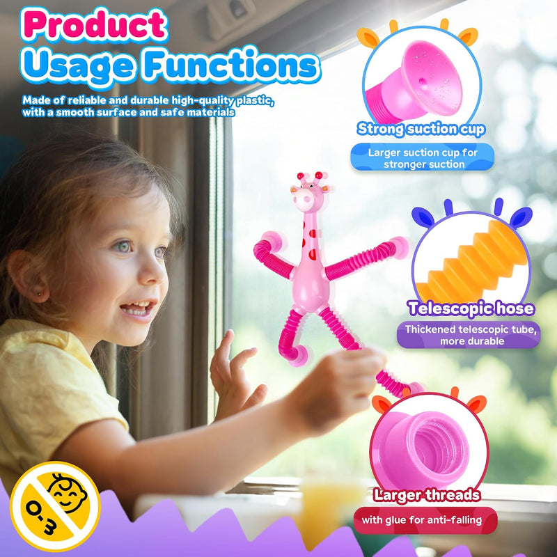 Giraffe Sensory Travel Toys 4Pcs for Roadtrip Car Ride Airplane Toddler Girl Year Old Ages 2 3 4 5 6 7 8, Suction Autism Pop Tube Fidget Toy Autistic Valentines Day Stocking Easter Basket Stuffer Gift
