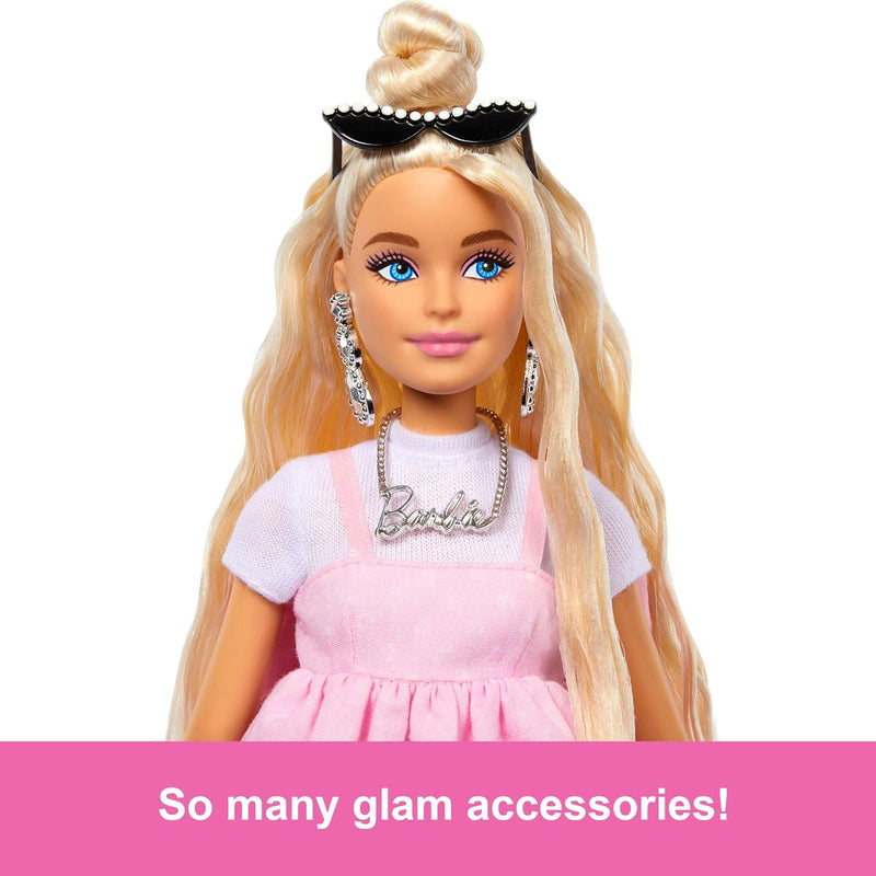 Barbie Deluxe Style Doll #3 in Barbiecore Outfit, Blond Hair in Top Knot, Pink Pastel Dress with Oversized Bow and Accessories Like Mesh Tights​​​