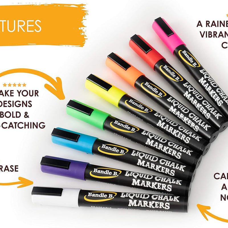 Bandle B. Chalk Markers - 8 Vibrant, Erasable, Non-Toxic, Water-Based, Reversible Tips. For Glass or Chalkboard Markers for Businesses, Restaurants, Liquid Drawing Chalk (Vibrant 6mm)