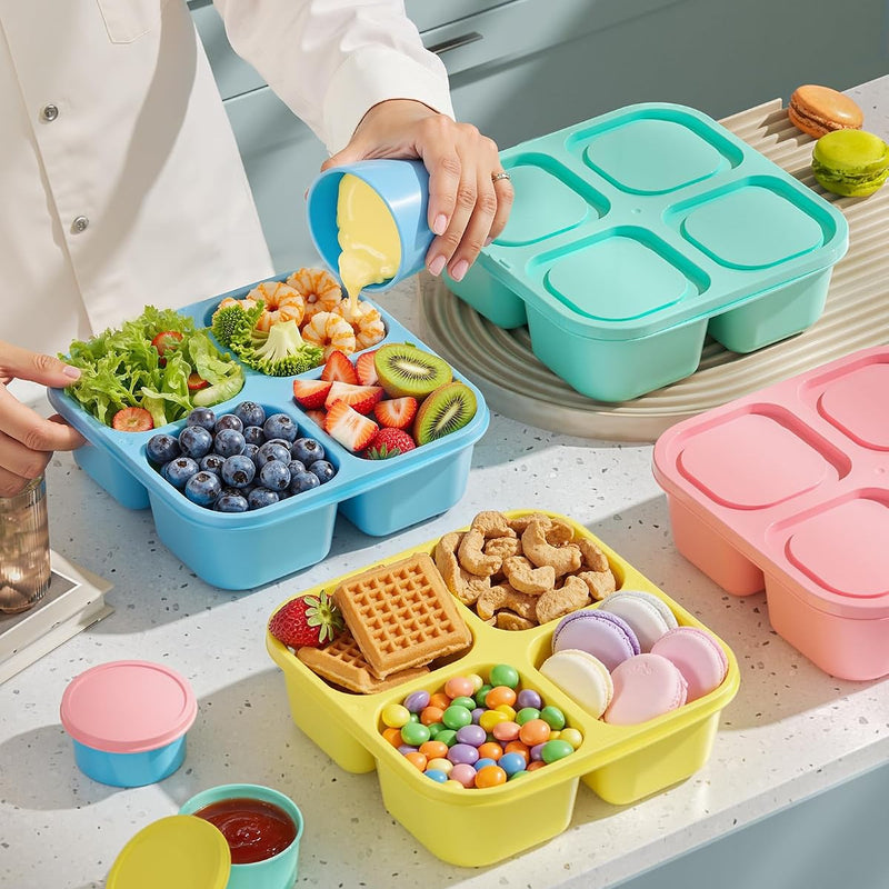 Canfanni 4 Pcs Snack Box Containers Set, Reusable 4 Compartment Lunchable Container with 2Pcs Sauce Containers, Stackable BPA-Free Bento Box for School, Work, Travel (4 Color)