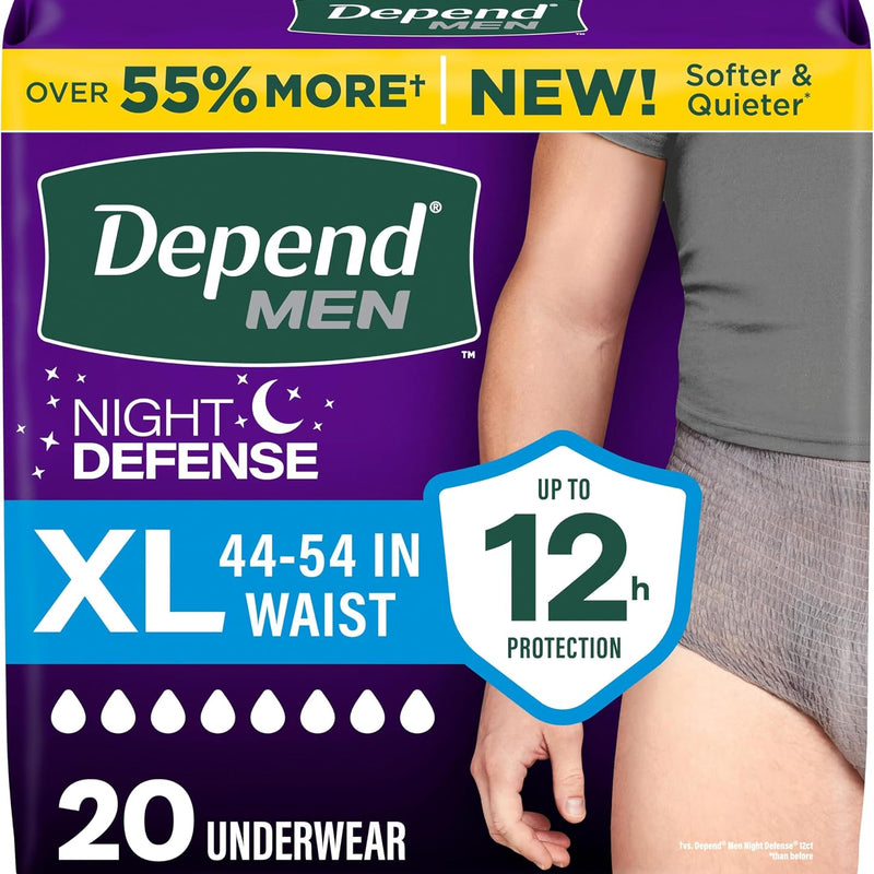 Depend Night Defense Adult Diapers, Incontinence Underwear for Men, Disposable, Overnight, Extra-Large, Grey, 20 Count, Packaging May Vary