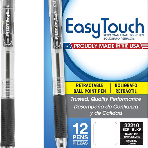 Pilot EasyTouch Refillable & Retractable Ballpoint Pens, Fine Point, Black Ink Pens, 0.7mm, 12-Pack