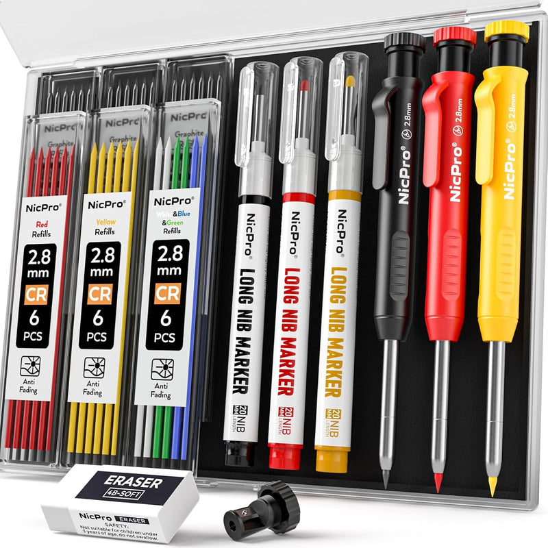 Nicpro 2 Pack CP1000 Carpenter Pencil with Sharpener, Mechanical Carpenter Pencils with 26 Refills, Deep Hole Long Nib Marker Pens for Construction, Heavy Duty Woodworking Pencil for Architect Marking