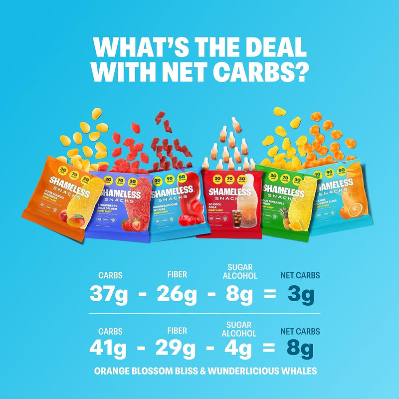 Shameless Snacks Candy Carnival - Sour Gummy Variety Pack & Fruit Snacks | Strawberry Orange Mango Cola Gummies, Keto 3g Sugar - Gluten Free Vegan Candy for Kids & Adults