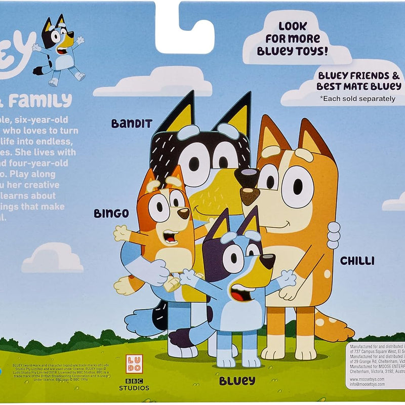Bluey Family Figure Pack of 4, Robust Poseable Character Toys with Bingo, Chilli, and Bandit Figures, Toddler-Sized Animal Figurines for Kids Ages 3+