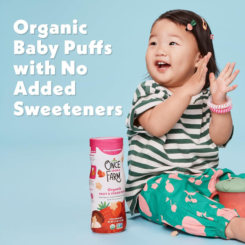 Once Upon A Farm Strawberry, Coconut & Sweet Potato Puffed Sorghum Snack, Fruit & Veggie Puffs, Non GMO, 1.5 Ounces (Pack Of 6) | Once Upon A Farm Organic Strawberry, Coconut & Sweet Potato Puffed Sorghum Snack, Fruit & Veggie Puffs, Non GMO, 1.5 oz, 6ct