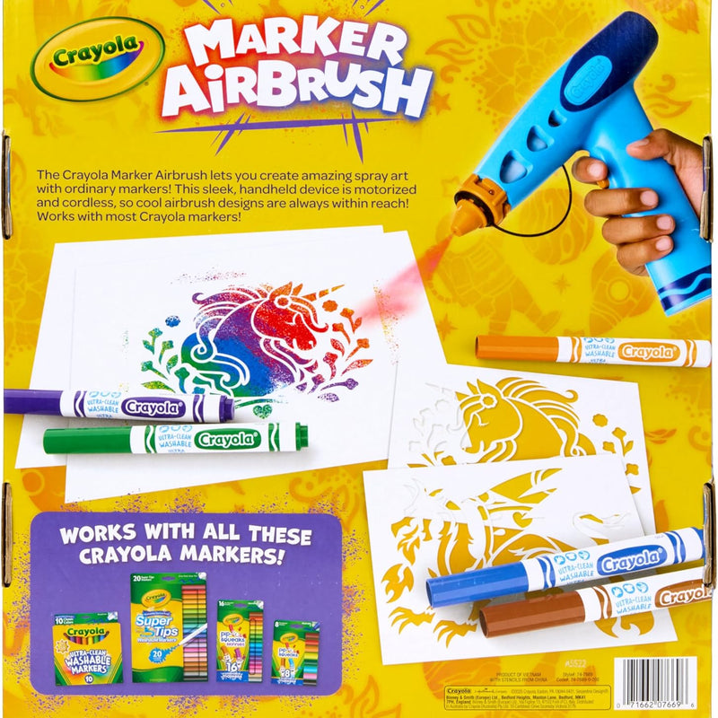 Crayola Marker Airbrush Spray Art Kit, Battery-Powered Sprayer with 8 Washable Markers & 5 Stencils, DIY Craft Set, Ages 6+