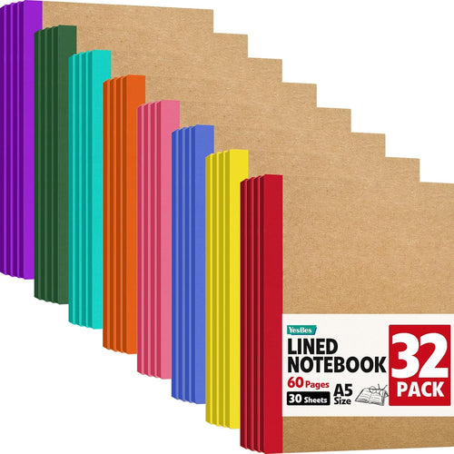 32 Pack Composition Notebooks Bulk, A5 Kraft Cover Lined Journaling Notebooks, 8.3”x 5.5” Travel Notebook for School Office Students Artists, 8 Colors 60 Pages