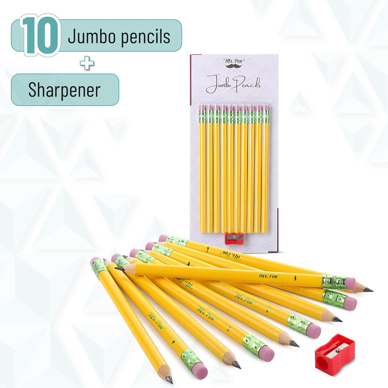 Mr. Pen- Jumbo Pencils, 10 Pack with 1 Sharpener, Yellow Barrels | Smooth Black 2 HB Graphite Cores, Large Preschool Pencils, Smooth Writing Lead for Kindergarten, Kids and School Supplies