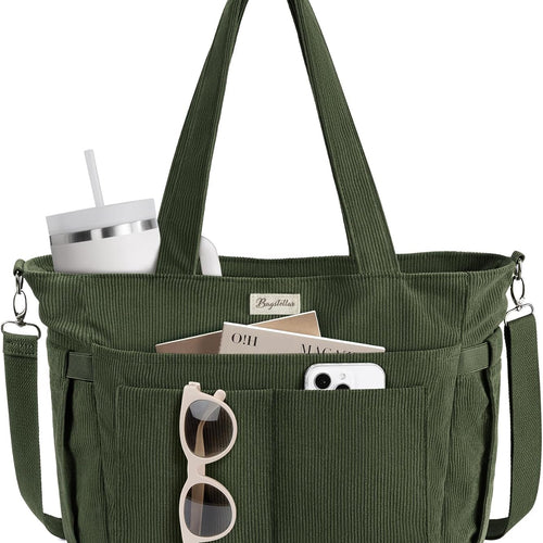 Bagstellar Corduroy Tote Bag for Women, 17 Pockets Laptop Work Tote Purse | Large 15.6” Computer Bag w/ 40oz Cup Holder & Strap, Zipper Teacher Nurse Bible Shoulder Bag for School Travel College Office