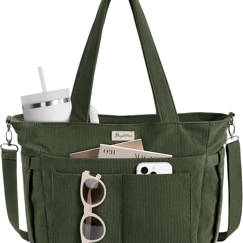 Bagstellar Corduroy Tote Bag for Women, 17 Pockets Laptop Work Tote Purse | Large 15.6” Computer Bag w/ 40oz Cup Holder & Strap, Zipper Teacher Nurse Bible Shoulder Bag for School Travel College Office