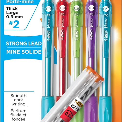 BIC Velocity Strong Lead Mechanical Pencils, With Colorful Barrel, Thick Point (0.9mm), 5-Count Pack Mechanical Pencils With Erasers
