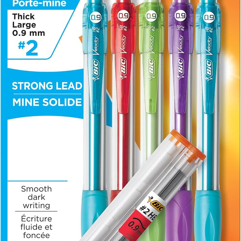 BIC Velocity Strong Lead Mechanical Pencils, With Colorful Barrel, Thick Point (0.9mm), 5-Count Pack Mechanical Pencils With Erasers