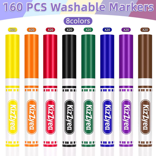 KIZZYEA Washable Markers Bulk, Markers for Kids, 8 Assorted Colors, 160 Count, Broad Line Marker for School, Student Art Supplies & Back to School Crafts, Classroom Essentials for Teachers