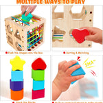HELLOWOOD Montessori Toys for 1+ Year Old, Wooden Sorter Cube with 8pcs Rattling Shapes, Developmental Learning Toy Gifts for Baby Toddler Boys Girls, Gift Packaging
