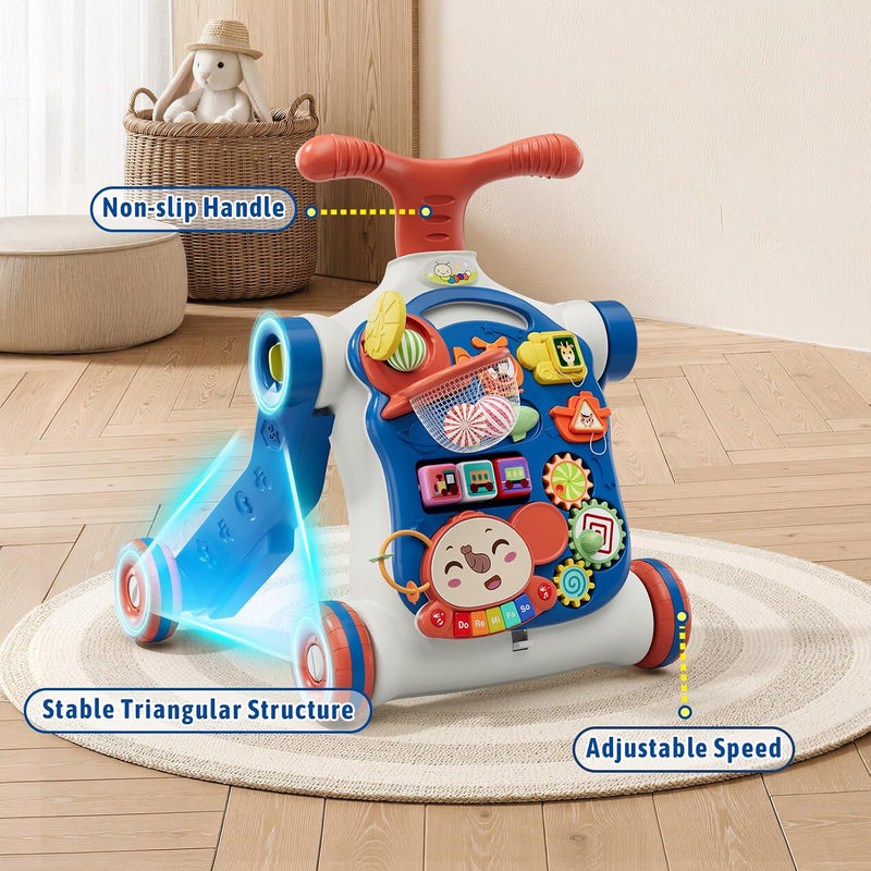 HYES 5 in 1 Baby Push Walker for Baby Boy, Blue | Activity Center Learning to Walk, Sit to Stand, Early Learning Push Toys for Infant, Walking Toys Gift for Toddler Boys