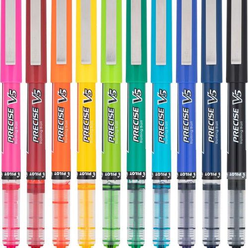 Pilot Precise V5 Capped Liquid Ink Rollerball Pens, Extra Fine Point Ink Pens 0.5 mm, Colored, Assorted Colors, Pack of 10 - Ideal for School, Journaling, & Office Writing