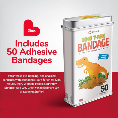 BioSwiss Bandages, Dinosaur Shaped Self Adhesive Bandage Set, Latex Free, Sterile Wound Care, 50 Count
