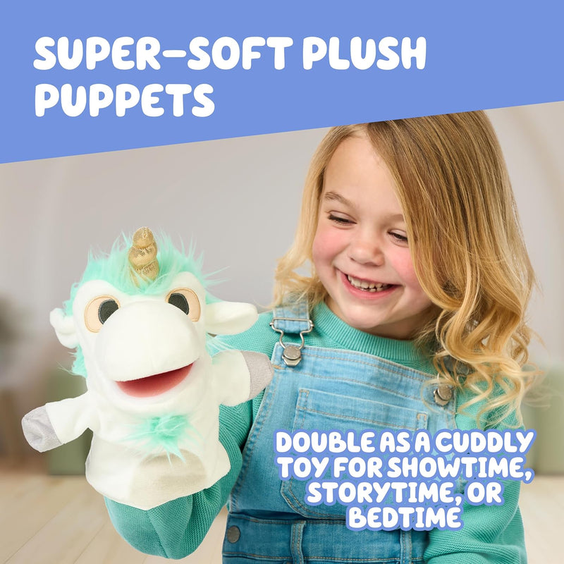 Official Bluey Unicorse & Bob Bilby Hand Puppet Plush 2-Pack | 8-9 Inch Deluxe Soft Fabric Toddler Toys with Embroidered Details for Imaginative Play & Storytime Fun.