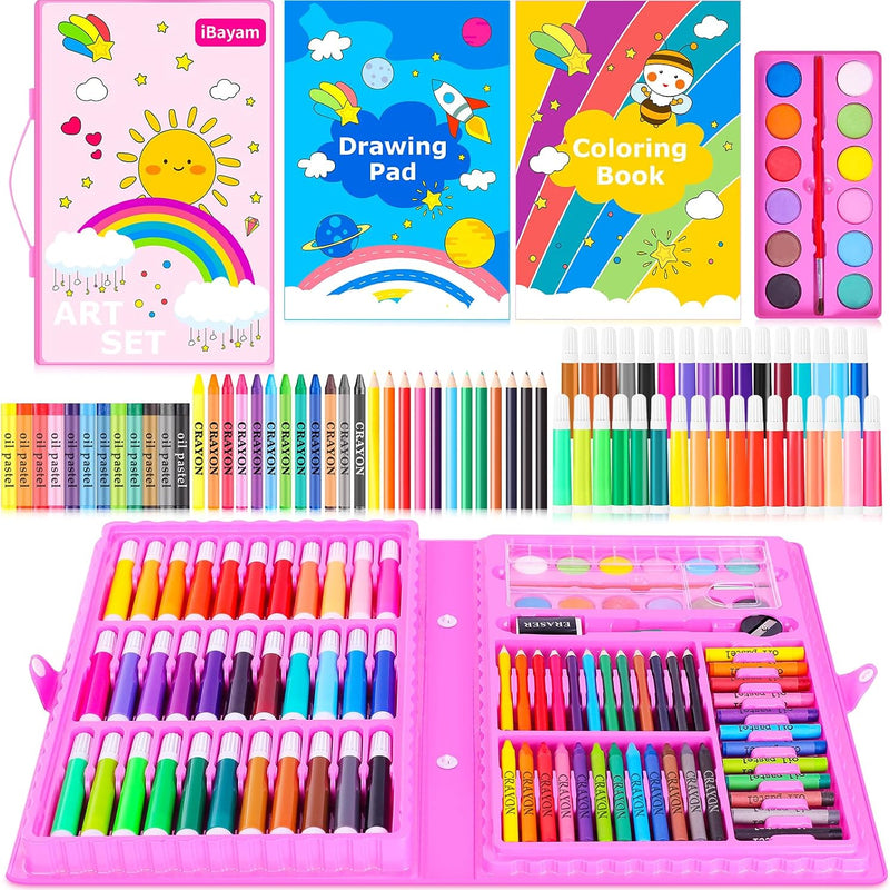iBayam Art Supplies, 149-Pack Drawing Kit Painting Art Set Kits, Pink Box | Arts and Crafts for Kids Girls Boys Gifts, with Coloring Book, Crayons, Pastels, Pencils, Watercolor Pens & Cakes