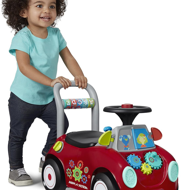 Radio Flyer Busy Buggy, 3-in-1 toddler push walker with 17 sensory activities, 42 lb capacity, ride on toys for 1-3 year olds
