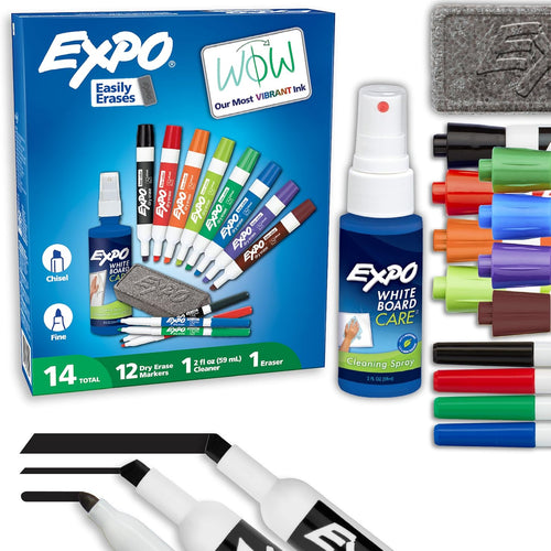 EXPO Dry Erase Markers Kit, Fine and Chisel Tip Markers, Assorted Colors, Eraser, Spray Cleaner, 14 Count